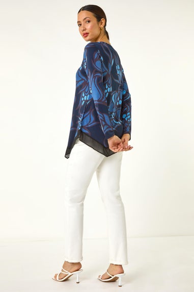Roman Blue Floral Print Chiffon Hem Top