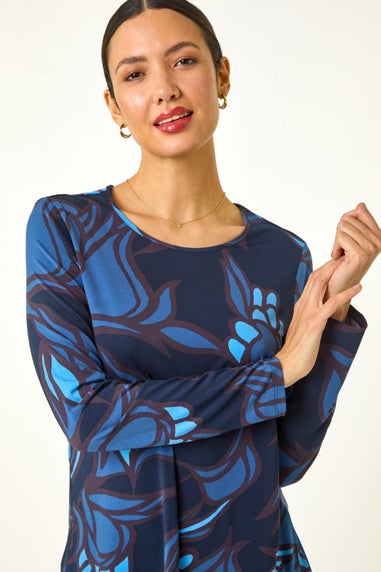 Roman Blue Floral Print Chiffon Hem Top