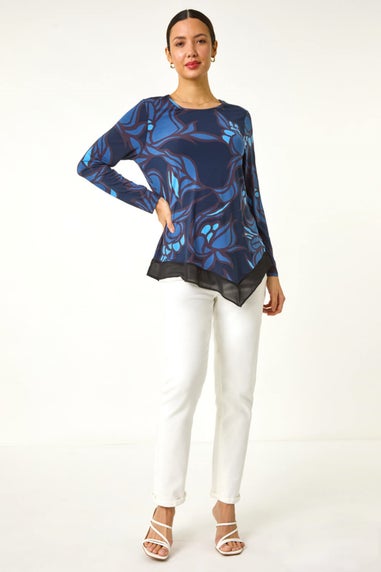 Roman Blue Floral Print Chiffon Hem Top