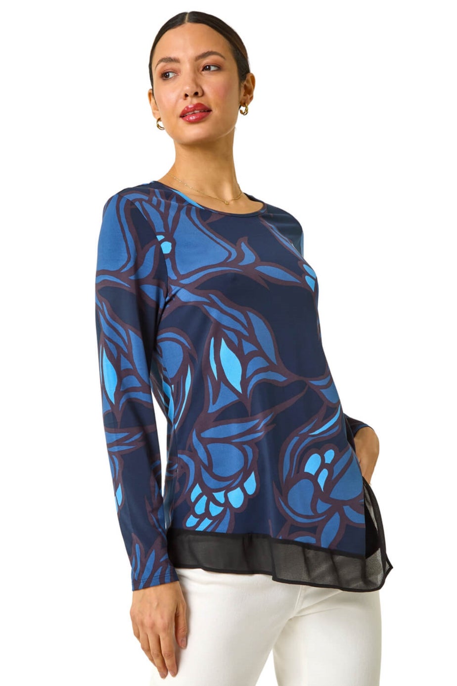 Roman Blue Floral Print Chiffon Hem Top