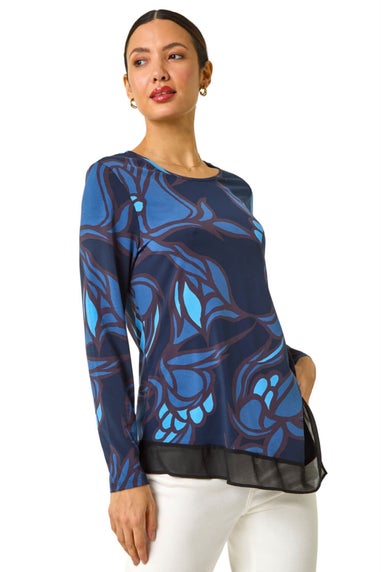 Roman Blue Floral Print Chiffon Hem Top