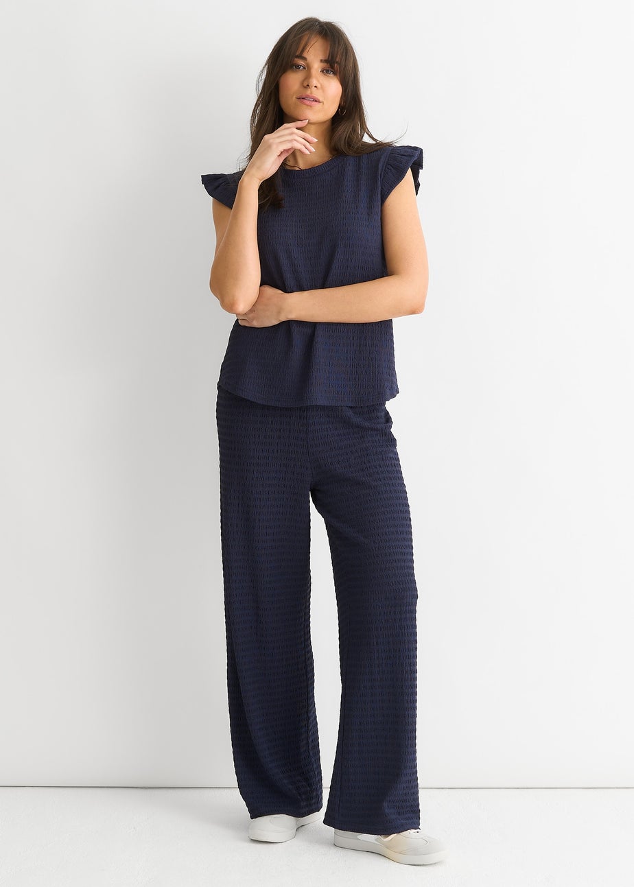 Gini London Dark Blue Frill Sleeves Textured Oversized Top