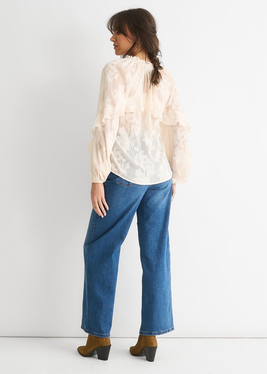 Gini London Cream Jacquard Floral Long Sleeve Blouse