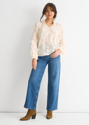 Gini London Cream Jacquard Floral Long Sleeve Blouse