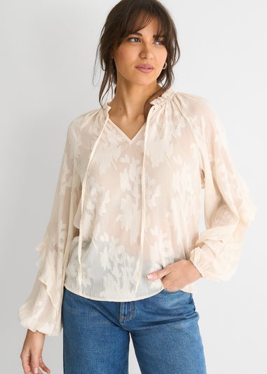 Gini London Cream Jacquard Floral Long Sleeve Blouse