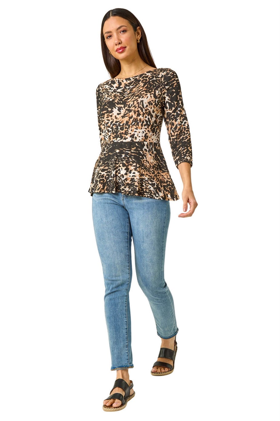 Roman Natural Animal Print Peplum Stretch Top