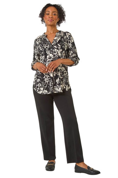 Roman Black Petite Floral Print Pintuck Pleat Top