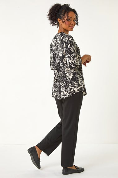 Roman Black Petite Floral Print Pintuck Pleat Top