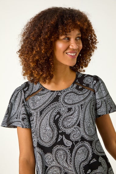 Roman Black Paisley Print Ladder Trim Top