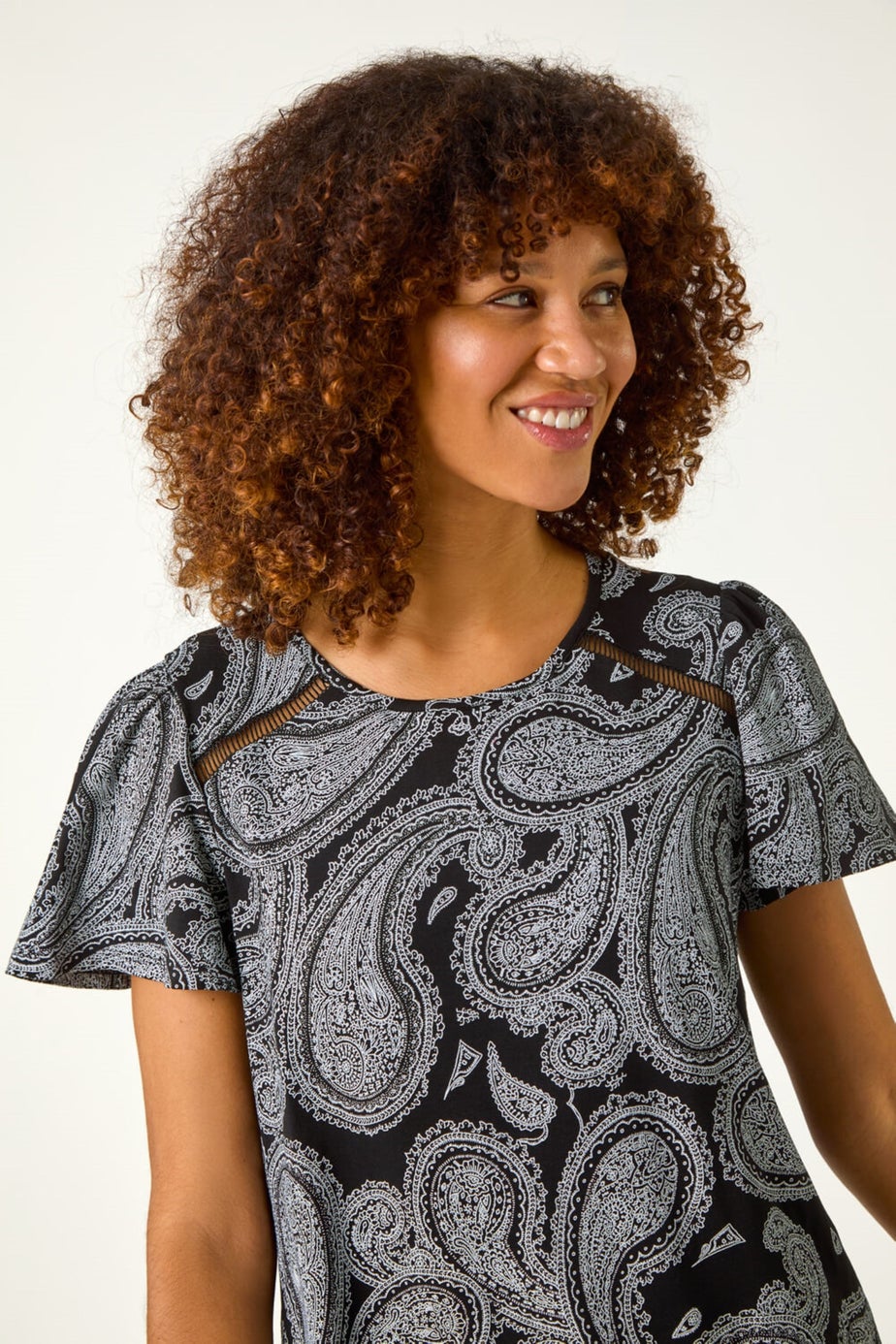 Roman Black Paisley Print Ladder Trim Top