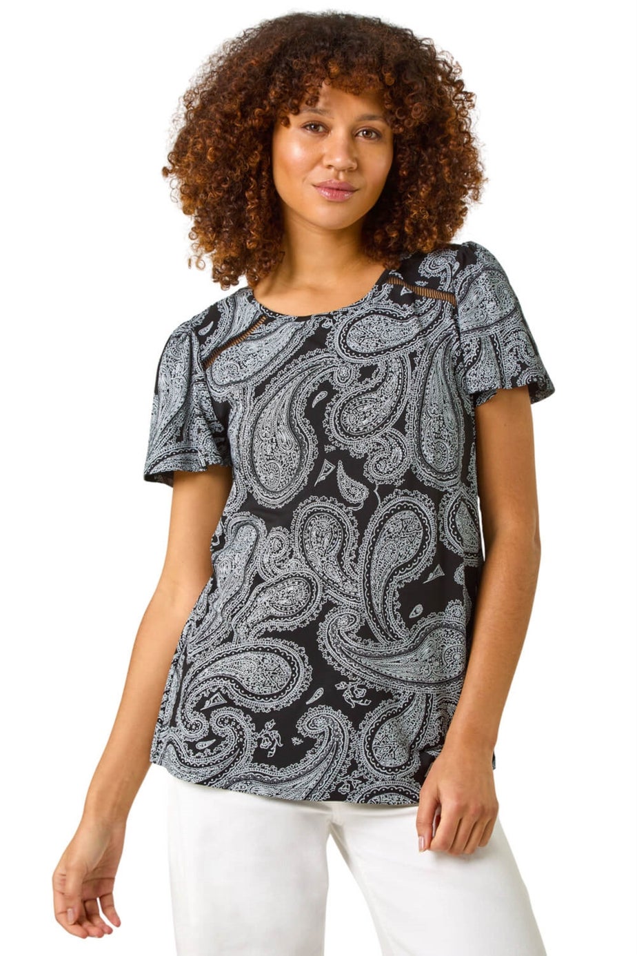 Roman Black Paisley Print Ladder Trim Top