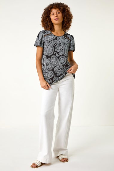 Roman Black Paisley Print Ladder Trim Top