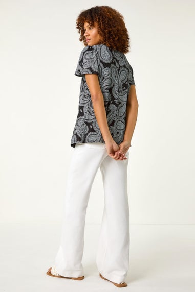 Roman Black Paisley Print Ladder Trim Top