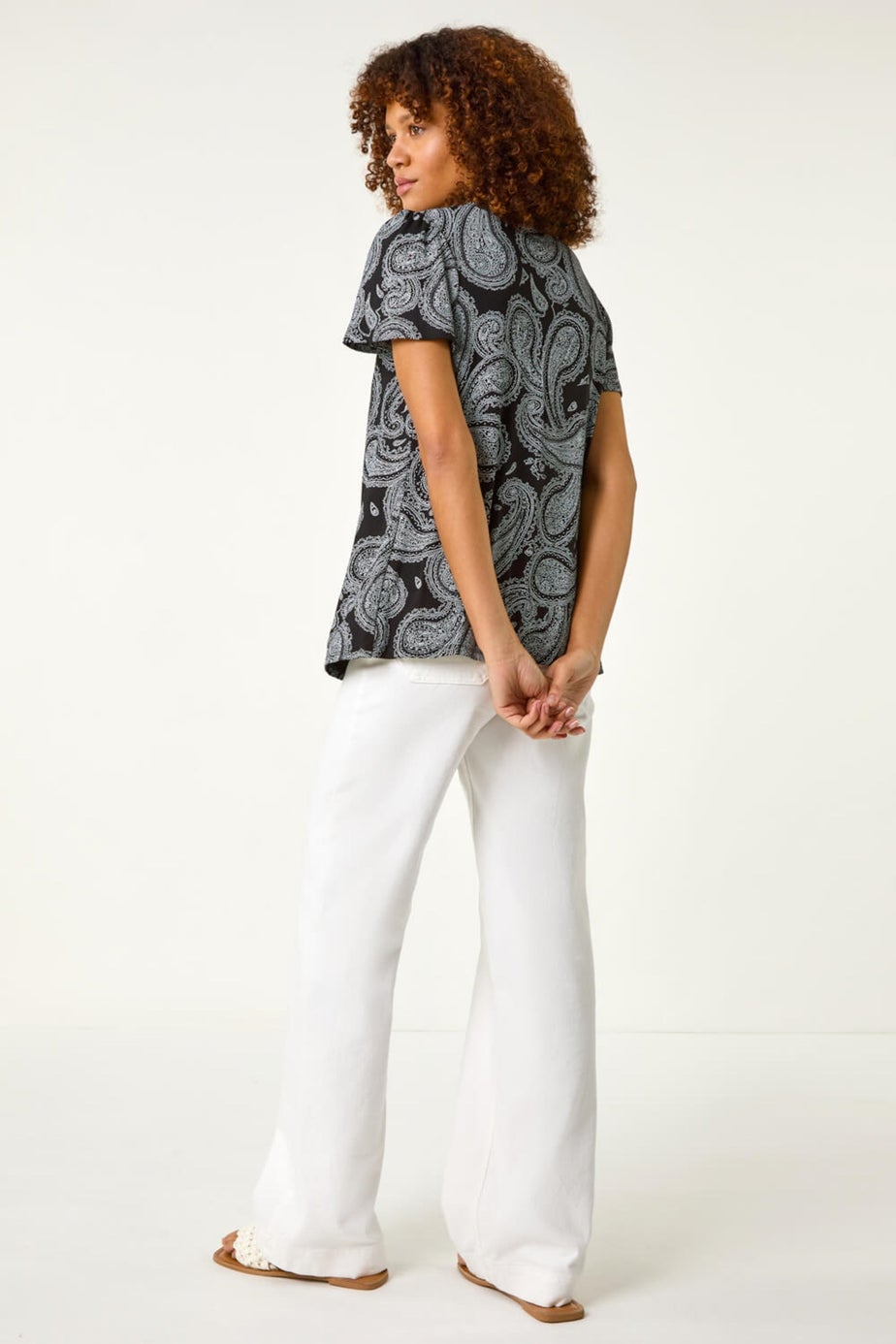 Roman Black Paisley Print Ladder Trim Top