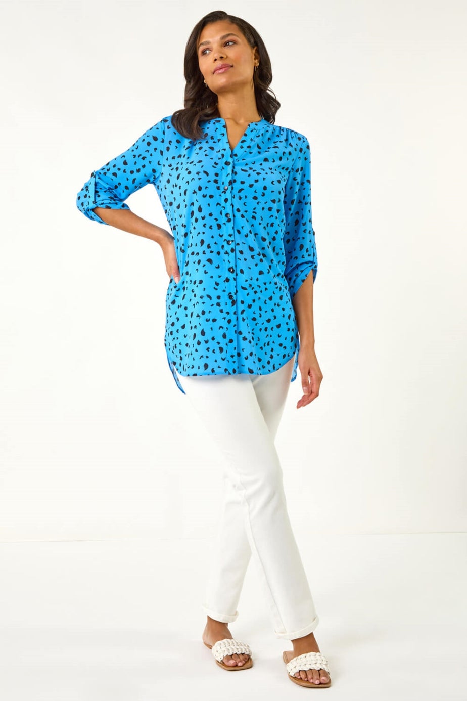 Roman Blue Spot Print V-Neck Button Blouse