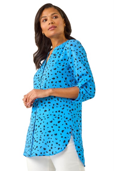 Roman Blue Spot Print V-Neck Button Blouse