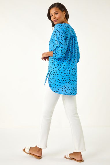 Roman Blue Spot Print V-Neck Button Blouse