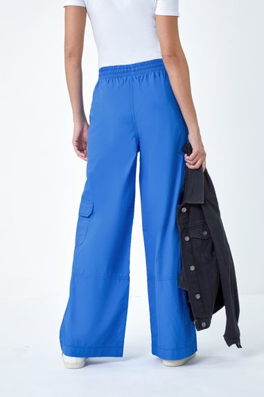 Roman Ink Blue Cotton Elastic Waist Wide Leg Cargo Trousers