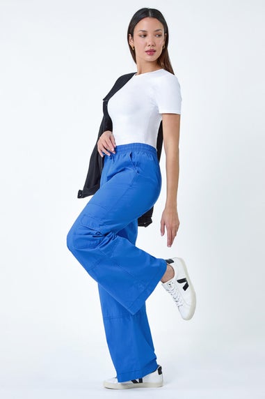 Roman Ink Blue Cotton Elastic Waist Wide Leg Cargo Trousers