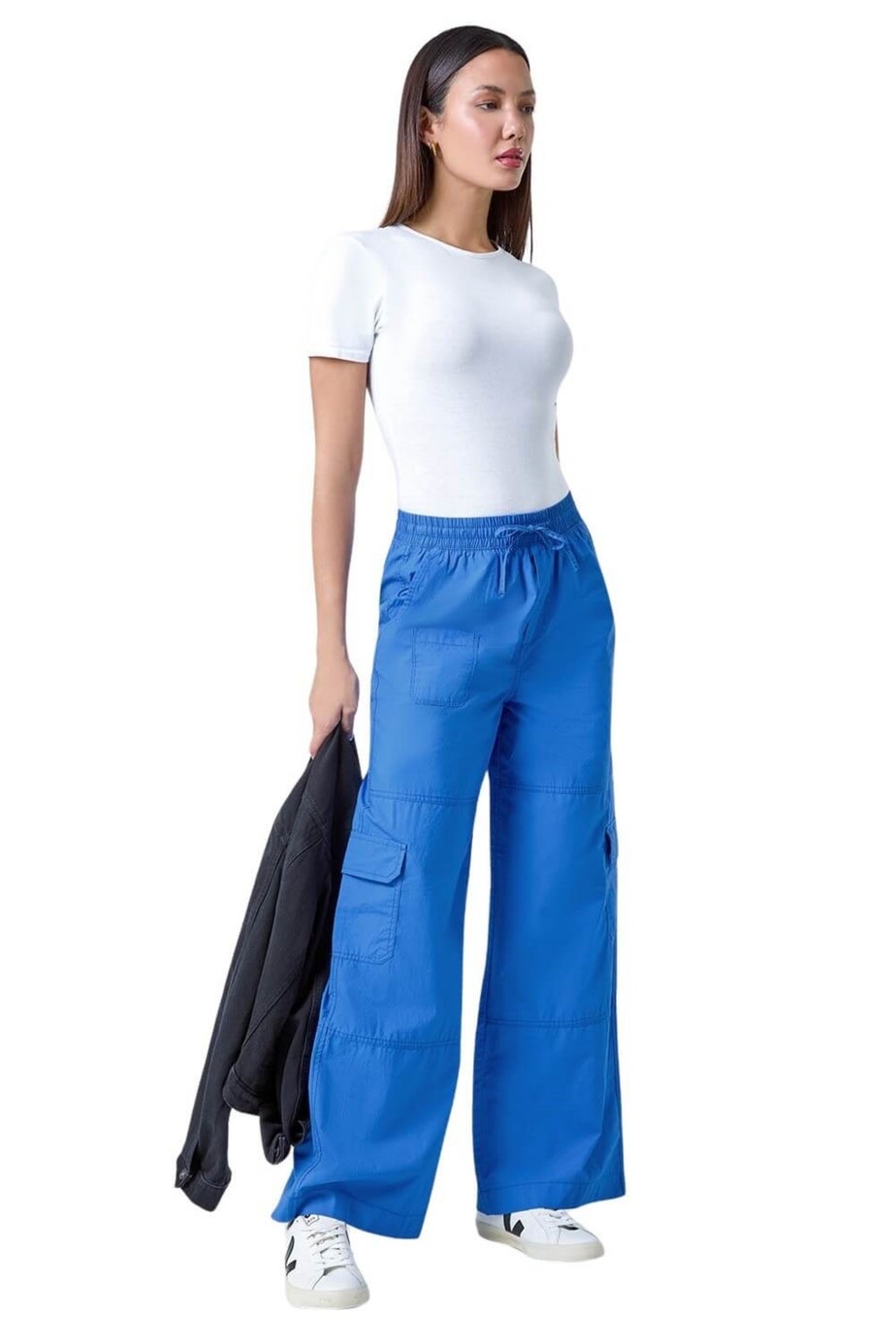 Roman Ink Blue Cotton Elastic Waist Wide Leg Cargo Trousers