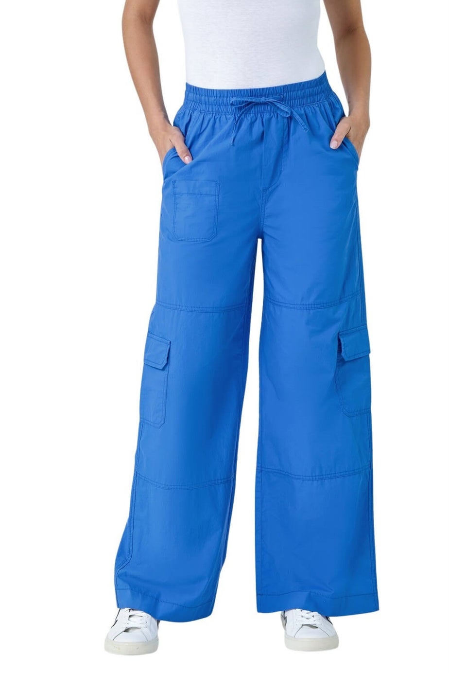 Roman Ink Blue Cotton Elastic Waist Wide Leg Cargo Trousers