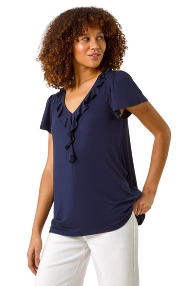 Roman Navy Ruffle Front Stretch Top