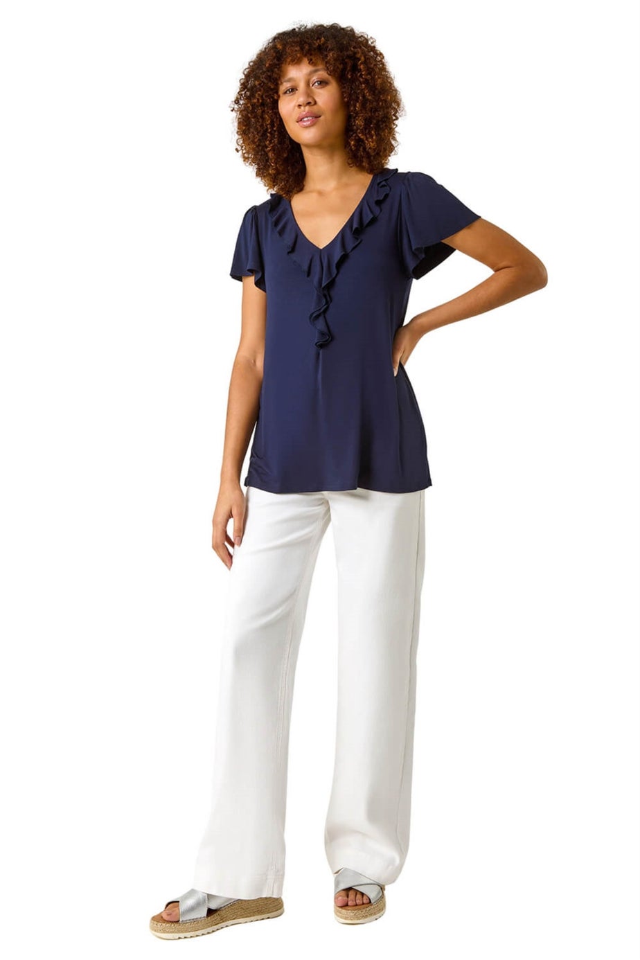 Roman Navy Ruffle Front Stretch Top
