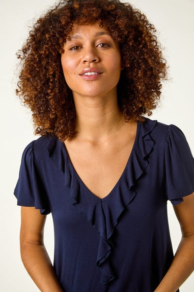 Roman Navy Ruffle Front Stretch Top