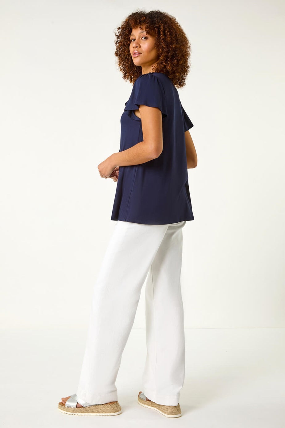Roman Navy Ruffle Front Stretch Top