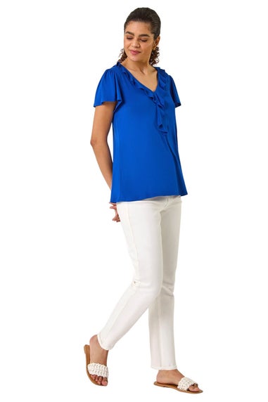 Roman Ink Blue Ruffle Front Stretch Top