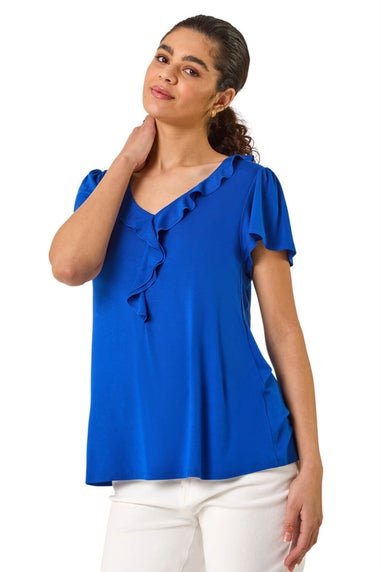 Roman Ink Blue Ruffle Front Stretch Top