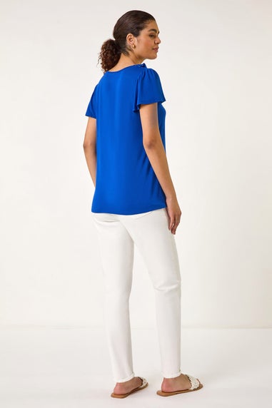 Roman Ink Blue Ruffle Front Stretch Top