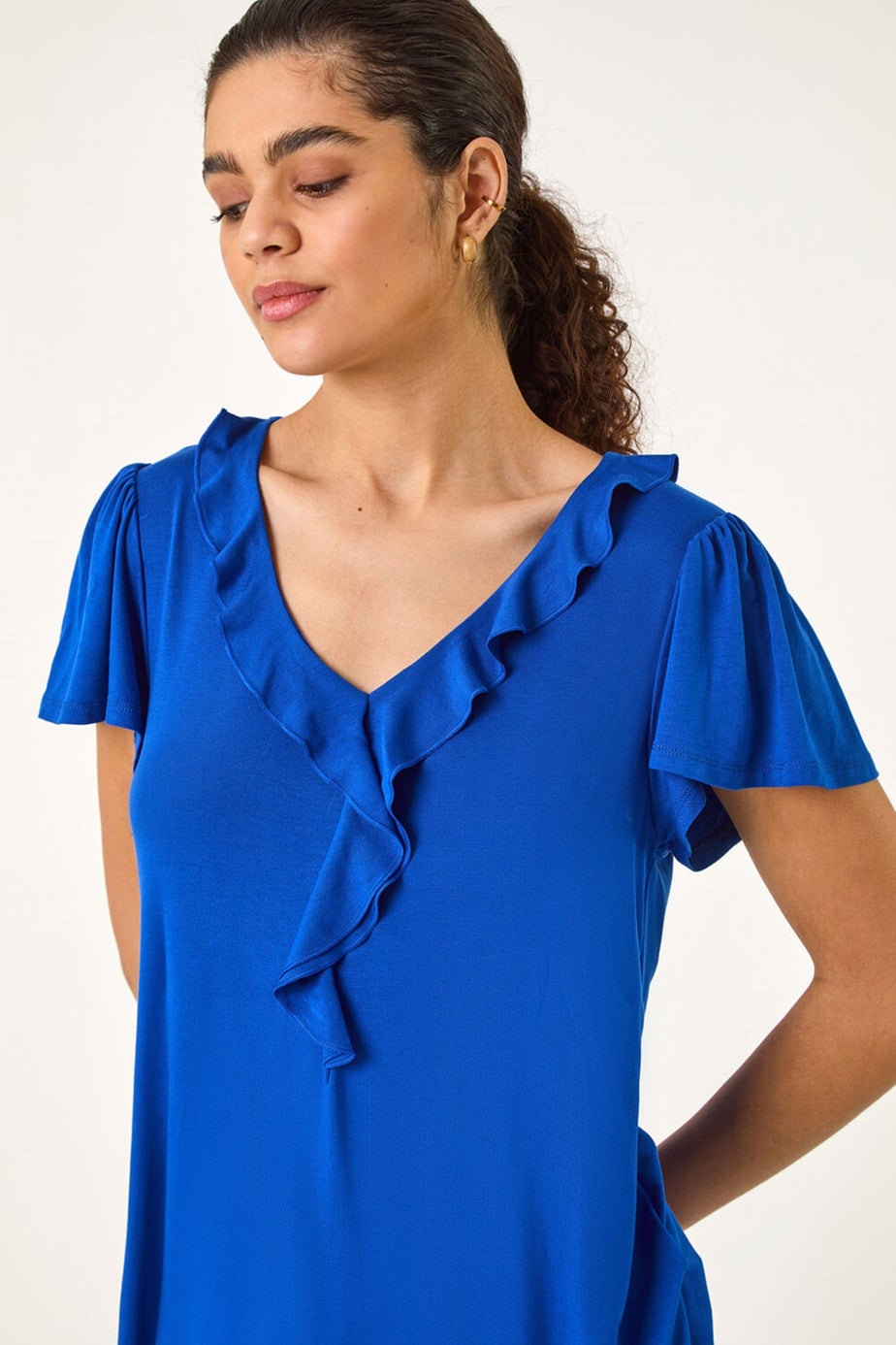 Roman Ink Blue Ruffle Front Stretch Top