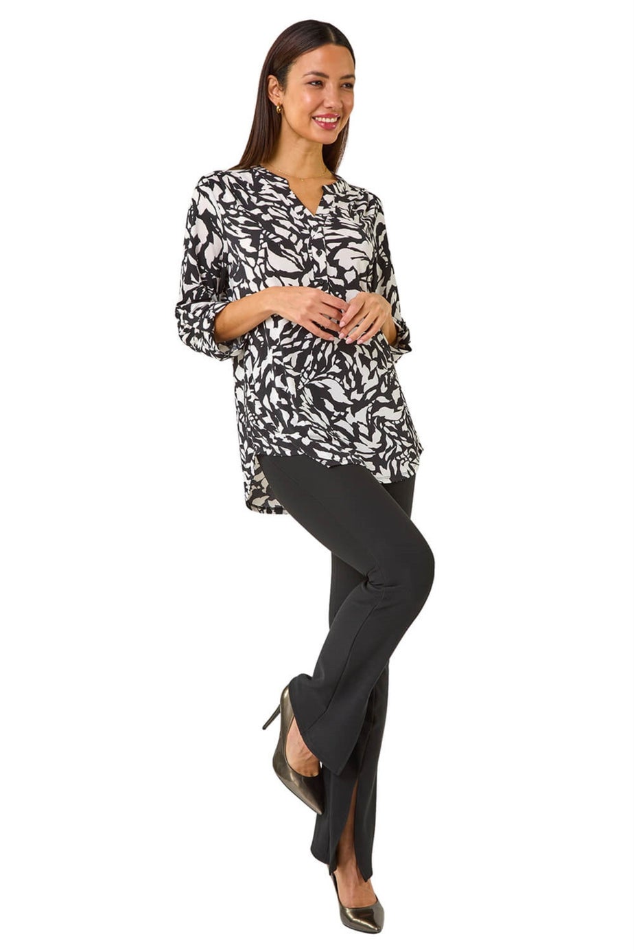 Roman Black Abstract Mono Print Pleated Shirt