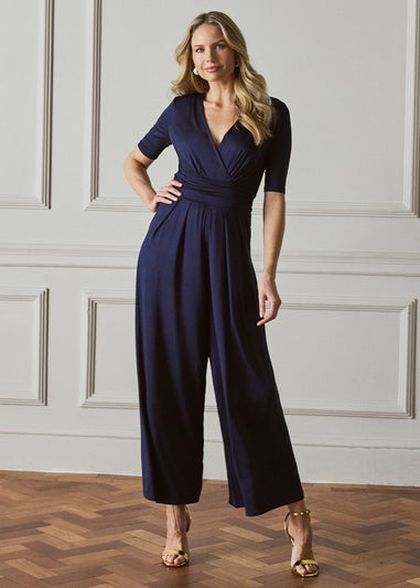 Izabel London Navy Wrap Waist Wide Leg Jumpsuit