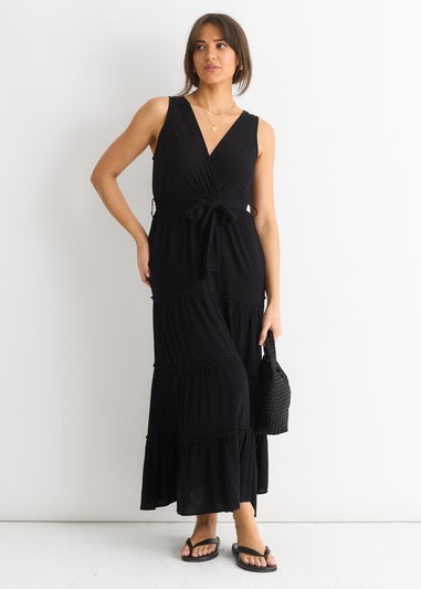 Gini London Black Viscose Wrap Tiered Maxi Dress