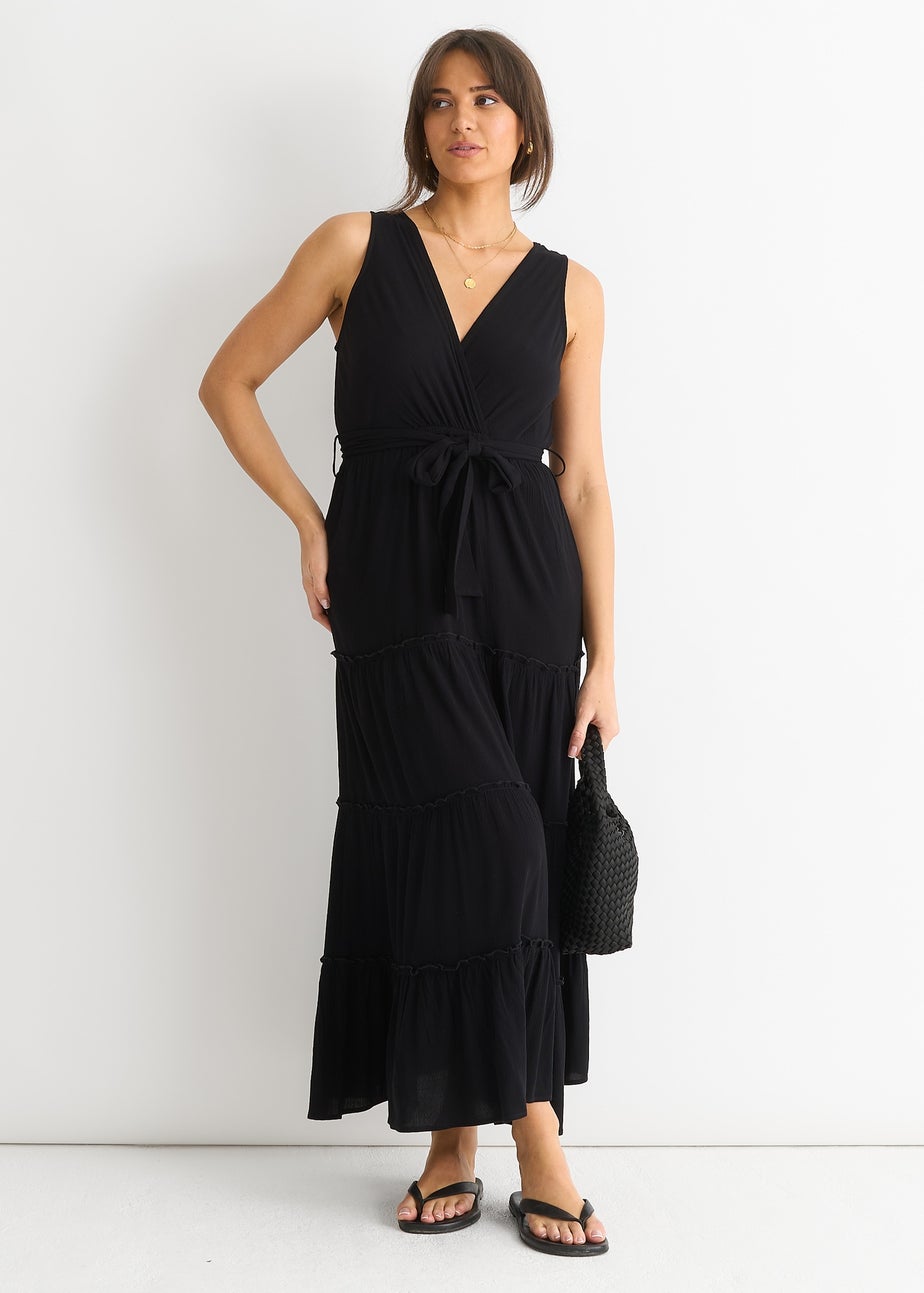 Gini London Black Viscose Wrap Tiered Maxi Dress