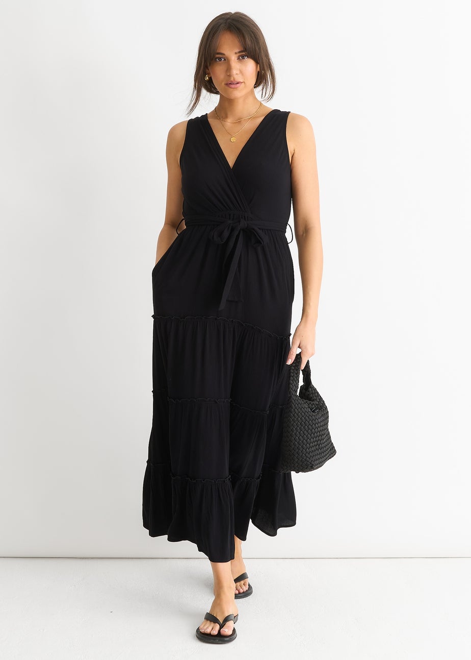 Gini London Black Viscose Wrap Tiered Maxi Dress