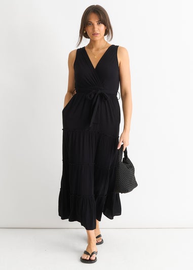 Gini London Black Viscose Wrap Tiered Maxi Dress