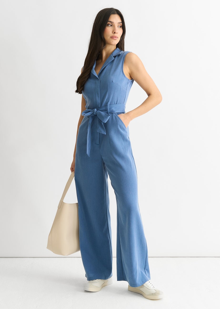 Gini London Blue Chambray Sleeveless Utility Jumpsuit