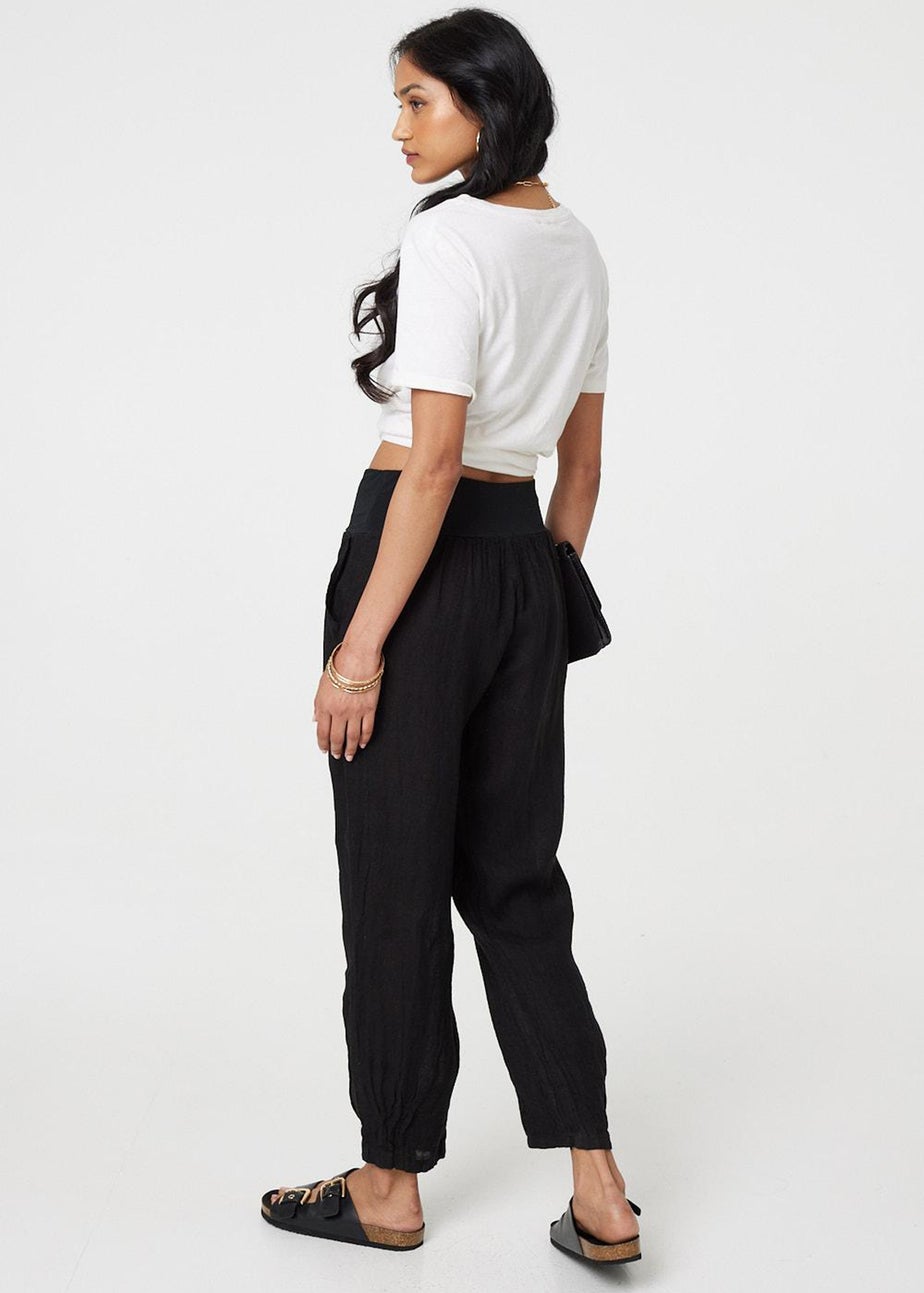 Izabel London Black Relaxed Linen Tapered Trousers