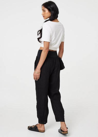 Izabel London Black Relaxed Linen Tapered Trousers