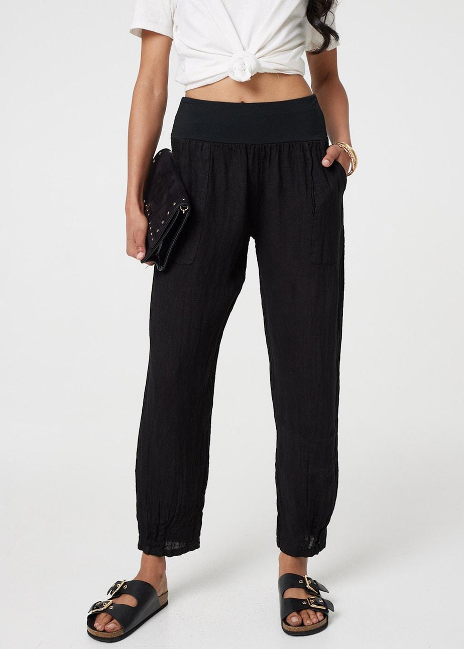 Izabel London Black Relaxed Linen Tapered Trousers