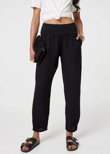 Izabel London Black Relaxed Linen Tapered Trousers