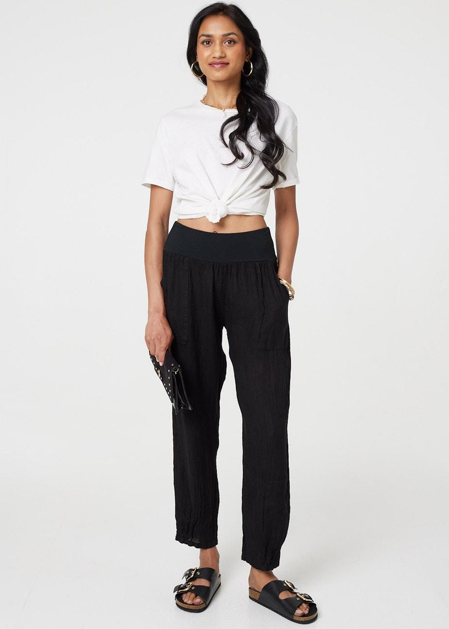 Izabel London Black Relaxed Linen Tapered Trousers