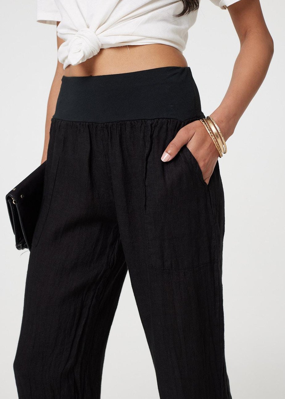 Izabel London Black Relaxed Linen Tapered Trousers