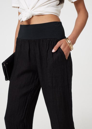 Izabel London Black Relaxed Linen Tapered Trousers