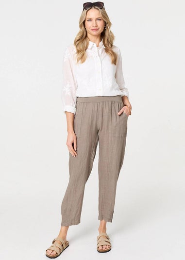 Izabel London Brown Relaxed Linen Tapered Trousers