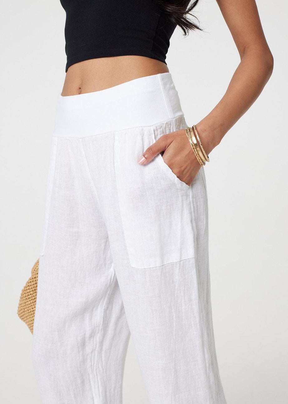 Izabel London White Relaxed Linen Tapered Trousers