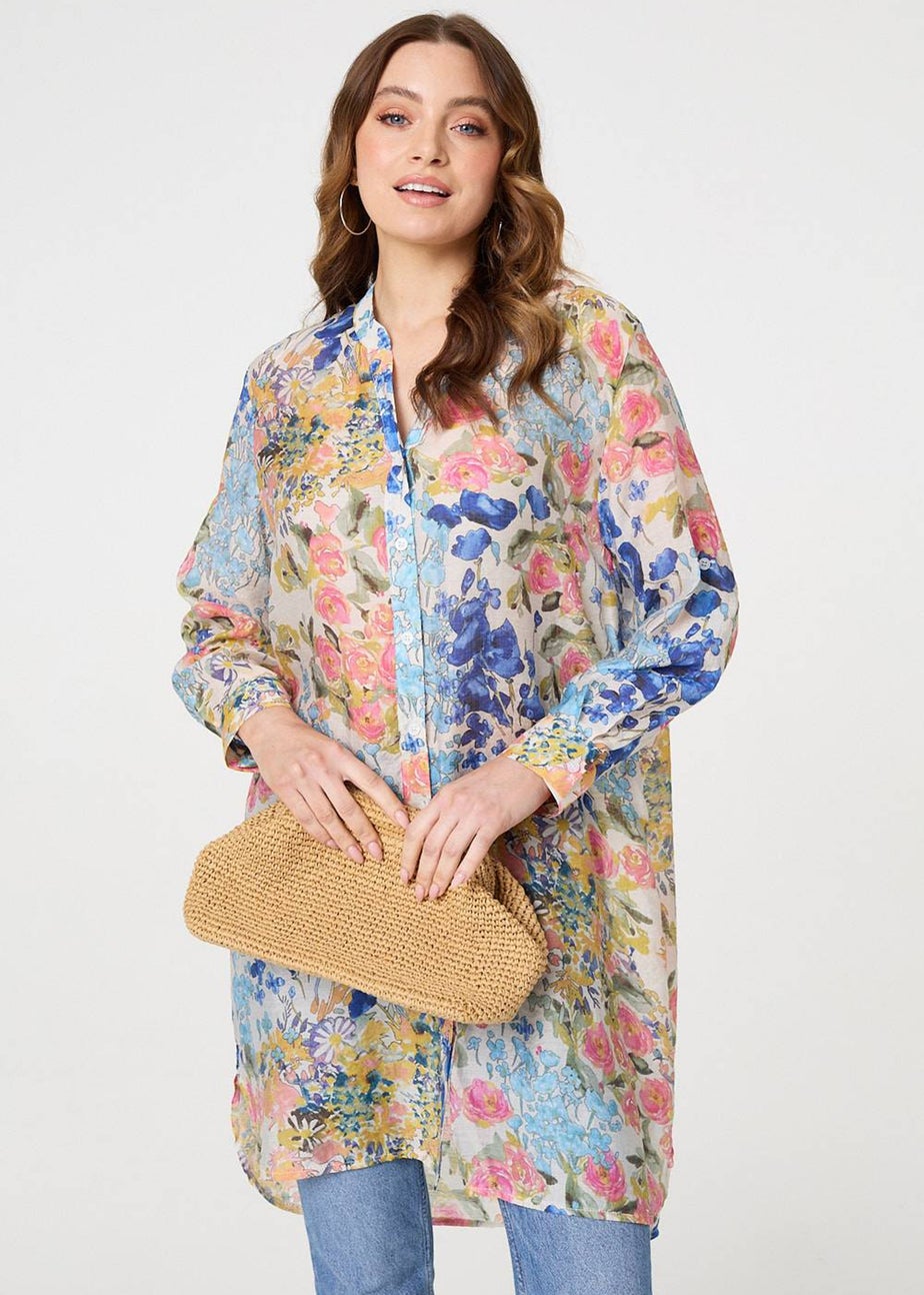 Izabel London Blue Floral Print Longline Semi Sheer Shirt